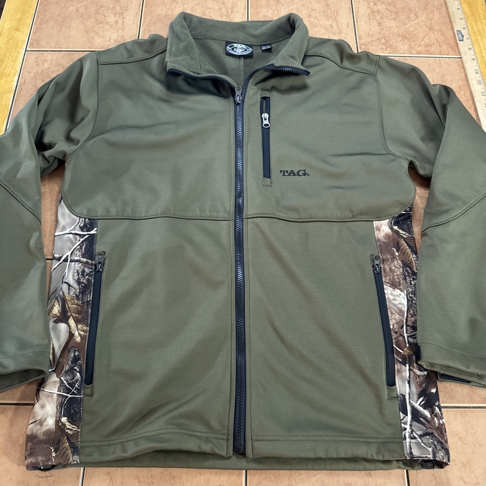 TAG Safari Mens Full Zip Softshell Jacket Olive Green w/Camo Trim Size Medium